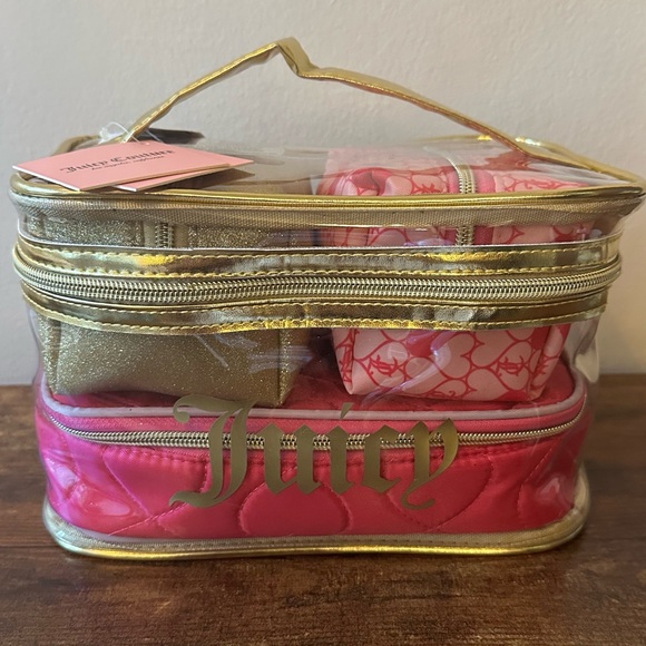 Juicy Couture 4-Piece Cosmetic Travel Makeup Bag Set Pink and Gold NWT - Picture 1 of 8